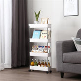 HAOYYE 4 Layer Ultra Thin Mobile Slim Storage Cart White Multi Functional Rolling Organizer with Wheels for Kitchen Bathroom Laundry Room Narrow Spaces Plastic and Stainless Steel Space Saving Design
